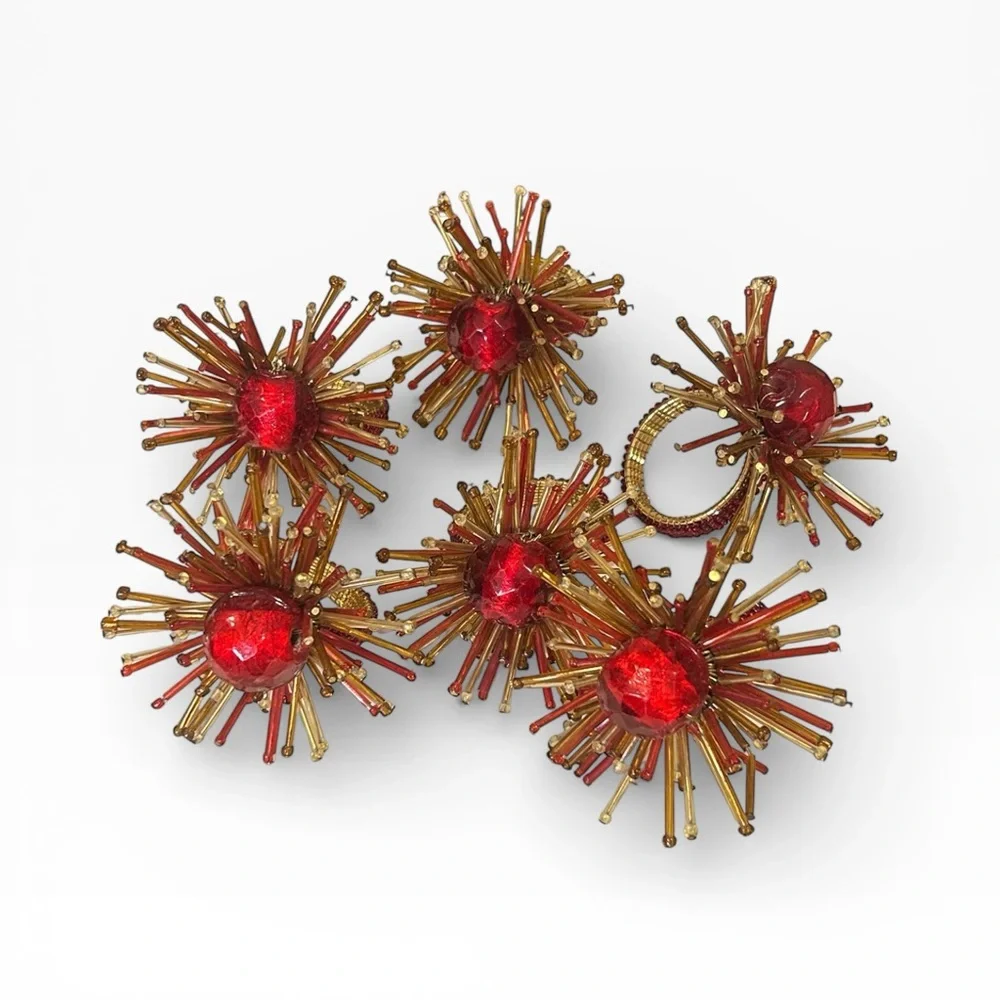Vintage Pier 1 Atomic Starburst Red Beaded Napkin Ring Set of 6